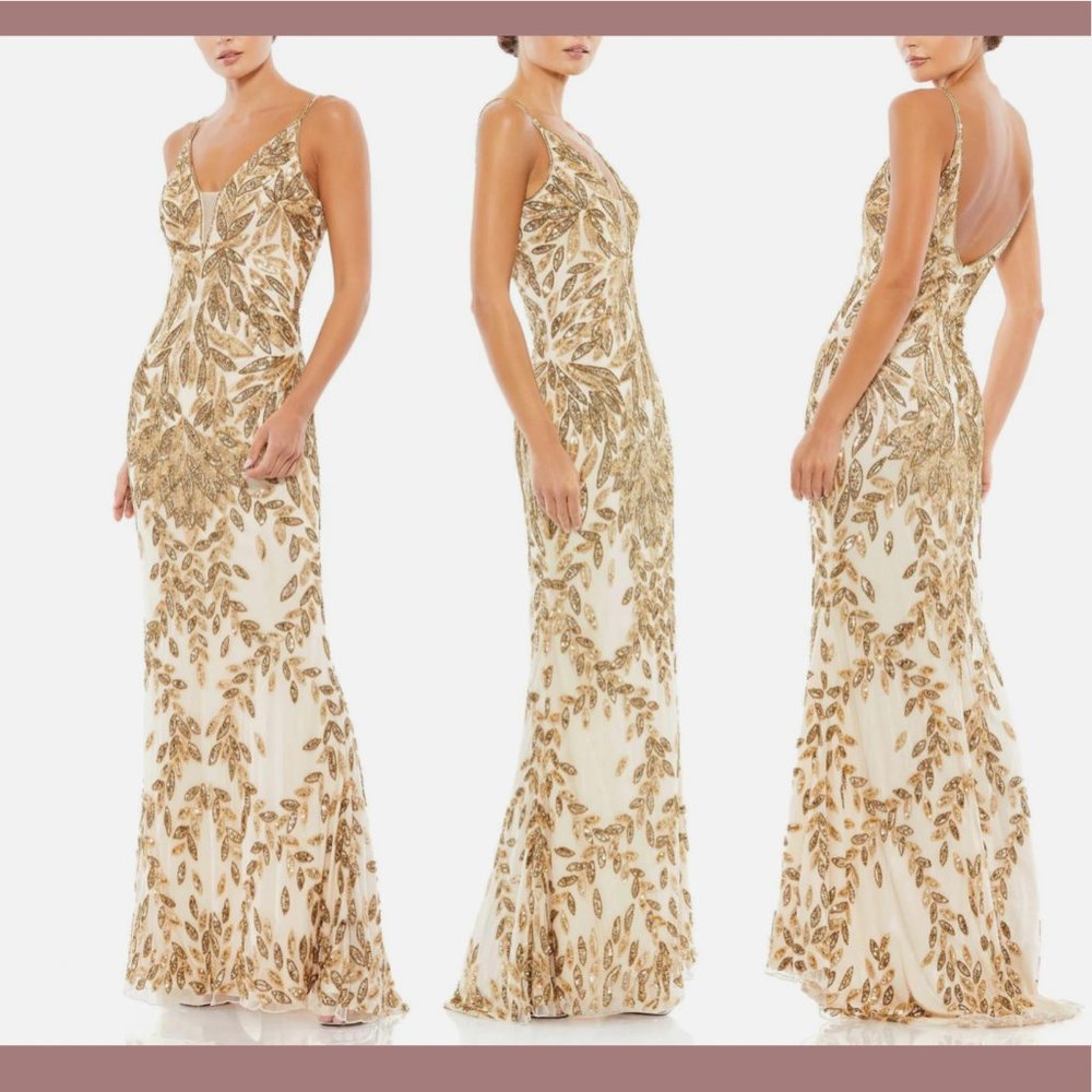 NEW $498 Mac Duggal [ 2 ] Embellished Leaf Evening Gown‎ in Nude Gold